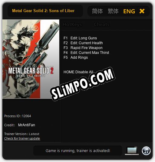 Трейнер для Metal Gear Solid 2: Sons of Liberty [v1.0.3]