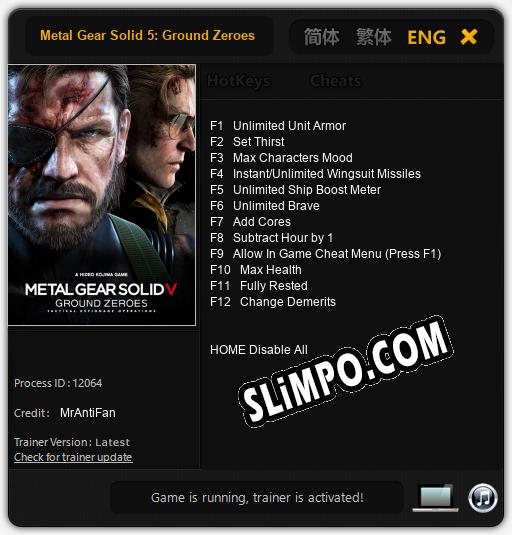 Трейнер для Metal Gear Solid 5: Ground Zeroes [v1.0.6]