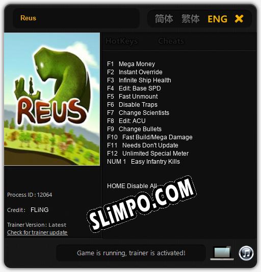 Трейнер для Reus [v1.0.2]